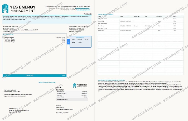 USA YES Energy Management utility bill template in Word and PDF formats, 2 pages